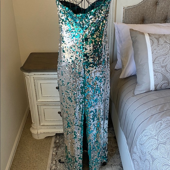 As U Wish Teal & Silver Sequin Slip Dress - Picture 6 of 12